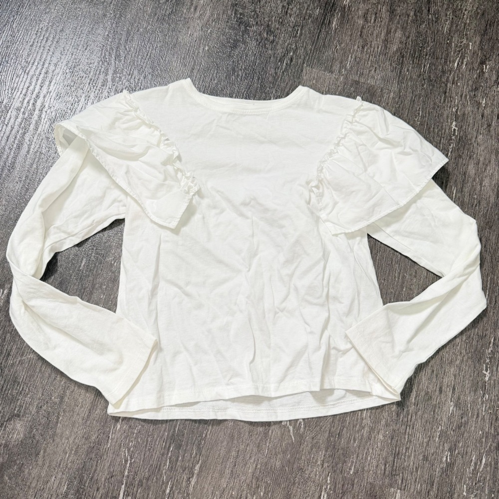 Zara Ruffle Shoulder Top Girls 11-12 White Long Sleeve Cotton Crew Neck Tee